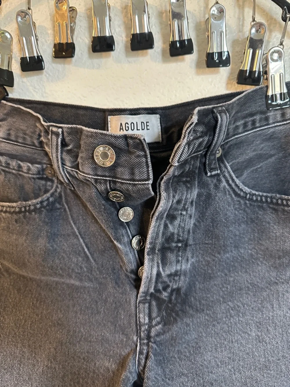 Agolde‎ Washed Black High-Rise Frayed Hem Denim Shorts 90s